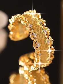 1 chiếc nhẫn cưới ren rỗng tinh tế, sang trọng đính đá Cubic Zirconia, kiểu dáng quý phái, có thể mở ra, thích hợp cho tiệc đính hôn, kỷ niệm ngày cưới, quà tặng trang sức ngày Valentine. - Vàng - Xem 7