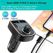 Fast Charging Mobile Phone Car Charger 3-In-1 FM Transmitter Support TF Card U Disk Car MP3 Player Dual USB Type C Car Charger Cell Phone Charging Hands Free Wireless Calling Car Kit Multifunctional RGB LED Anniversary Gift - one-size - View 2