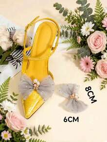 1 Pair Korean Style Gray Mesh Bow & Rhinestone Pearl Decorative Shoe Clips, Removable Shoe Accessories Suitable For Sandals And High Heels (Shoe Clips Only, Shoes Not Included) - Grey - View 7