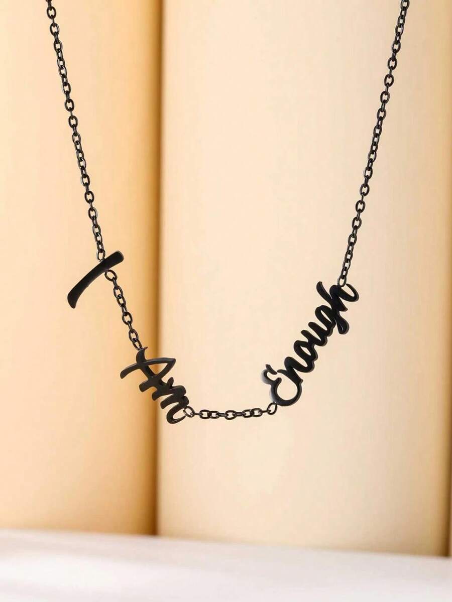 1件“我已足够”字母吊坠项链，黑色不锈钢励志颈链，适合女性和女孩佩戴 - 黑色 - 查看 1