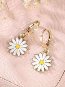 1对雏菊吊坠耳环，铜质耳钩，简约白色雏菊花朵设计，女士耳环，适合日常佩戴 - 小雛菊 - 查看 5