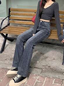 修身复古喇叭弹力牛仔裤，九分裤长，女士春季款 - 煙黑色 - 查看 5