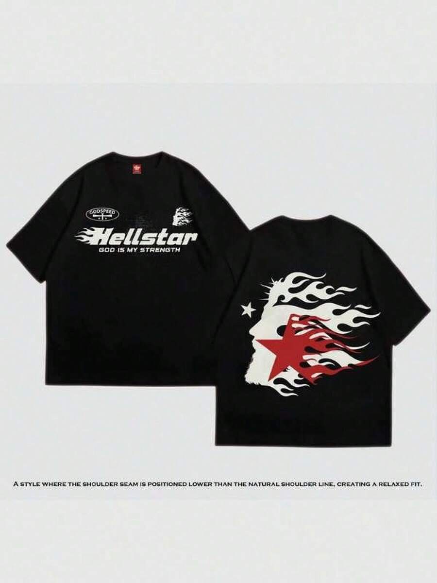 T Shirt Print ,Graphic-Cotton Tees Size Plus, Cartoon Round Neck Short Sleeve, Hellstars God Is My Strength Flame Silhouette Retro T-Shirt Double Sided Printed (220g 100% Cotton T-Shirt), Summer Clothes, Women's Tops, Casual And Comfortable, Fashionable Graphic Tee, Unisex Style,Y2K,Oversized Shirt Men,With Shirt,Summer Tops,Shirt Suitable - Black - View 1