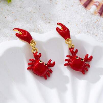 1 Đôi bông tai men đỏ thiết kế hình càng cua độc đáo, kiểu dáng động vật biển hoạt hình dễ thương, phong cách Boho bãi biển.