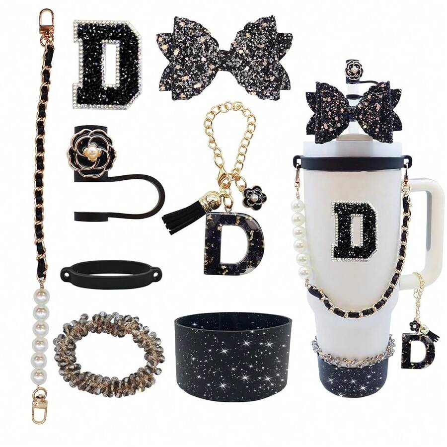 Stanley Cup Accessories Set For 40oz & 30oz Tumbler With Handle,Including Straw Topper,Boot,Water Bottle Handle Strap,Straw Bow Decorate,Bracelets,Letter Charm,Initials Sticker,Cup Ring(Black D) - 黑D - 查看 1