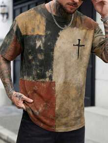 男士复古拼接图案T恤，耶稣十字架信仰图案圆领T恤，适合日常穿着 - 彩色 - 查看 1