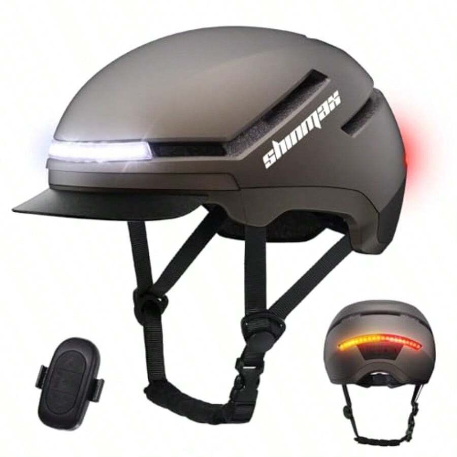 Shinmax - Casco de bicicleta con intermitentes certificado NTA hasta 45 km/h casco de bicicleta para hombres y mujeres con luz trasera recargable USB visera casco de ciclismo para bicicleta - Titanio - Ver 1