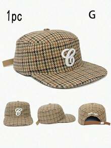 1pc Men's G Letter Embroidered Leopard Print Hat, Street Hop Cap, Warm Plaid Flat Brim Hat, - A - Xem 5