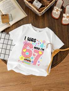 2pcs/Set Sweet Style Number 67 Cake Candle Print Outfit, Loose Soft Short Sleeve Top + Shorts, Suitable For Home, Air-Conditioned Room And Outdoor Wear - White - View 3