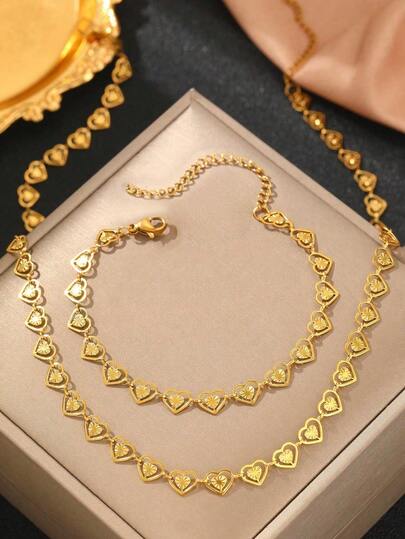 2pcs/Set Stainless Steel Heart Shaped Bracelet And Necklace Set, Fashion Jewelry For Women, Suitable For Daily Wear Valentines,Mom,Mother,Mother's Day,Gift