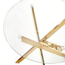 Dining Table With Cross Metal Leg And Tempered Glass, Modern Space-Saving Kitchen Table For Living Room, Chrome Legs, Round Table, Golden Legs, 80x80x75cm - Gold - View 7