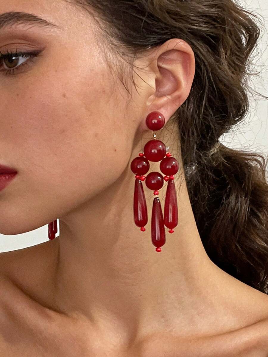 波西米亚风休闲夸张几何串珠日常纽扣式拼接流苏耳环，优雅水滴极简设计，女士款 - 深紅耳環 - 查看 1