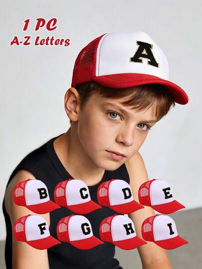 Mũ lưới in 26 chữ cái cho trẻ em, màu đỏ, kiểu mũ lưỡi trai che nắng cho bé trai và bé gái, thích hợp cho các hoạt động ngoài trời và mặc hàng ngày, chống nắng.