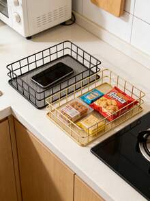 1pc Multi-Functional Iron Wire Storage Basket, Rust-Proof Grid Sorting Tray, Bathroom & Kitchen Dual-Use Shelf, Open Design Saves Space Large Capacity Storage, Suitable For Toiletries, Cosmetics, Condiments, Snacks, Small Items, Space-Saving Wall-Mounted/Tabletop Dual-Use Sorting Organizer - Black - View 7
