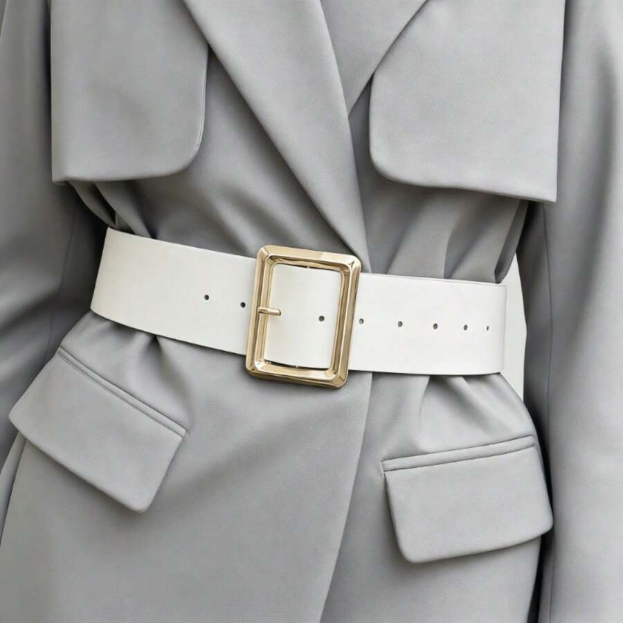 1 Pink Women's Fashionable Wide Belt With Gold Square Buckle  Casual Accessory Suitable For Daily Commuting, Street Parties, Mother's Day Gifts - trắng - Xem 1