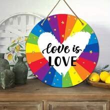 Rainbow Wreath Sign Surrounded By Hearts - Art Deco Style Pride Month Hanging Decoration, Wooden Front Door Decorative Sign, 8x8inch Wall Decoration, Suitable For General Occasions, No Electricity Required, No Feathers - A - 查看 10