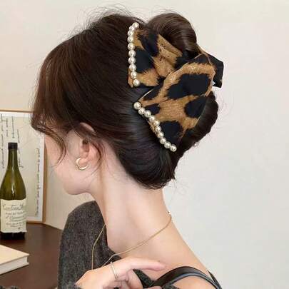Pinza de mariposa para mujeres con cabello fino, nueva garra para el cabello de tamaño mediano y grande, accesorios para el cabello de primavera, estampado de leopardo de fibra de poliéster