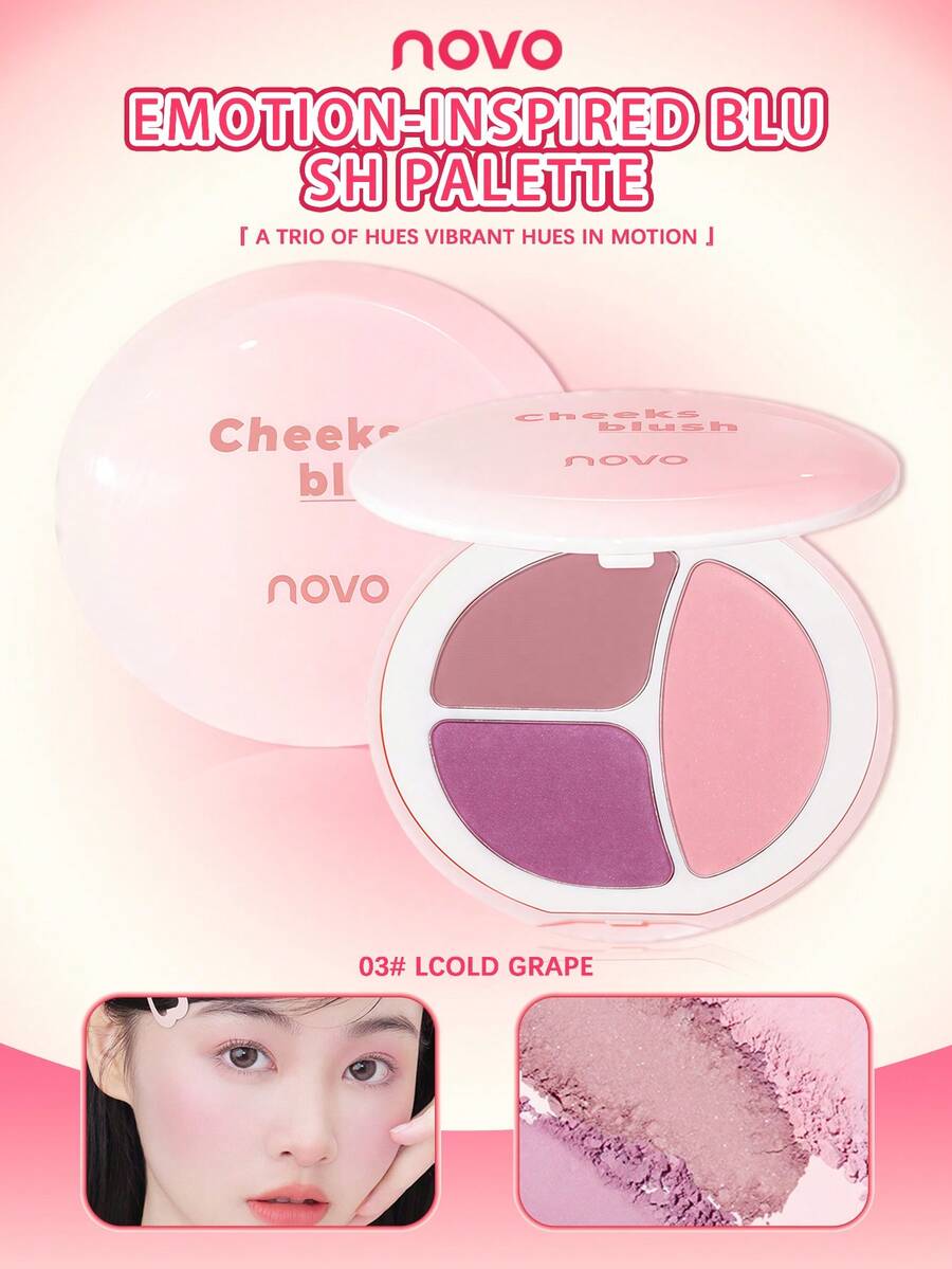 NOVO 3色腮紅盤,持久顯色,杏粉色擴張腮紅與紫色修容腮紅二合一,適用裸妝、性感妝容、約會妝容,打造自然紅潤感與臉部修容 - 03#清冷葡 - 查看 1
