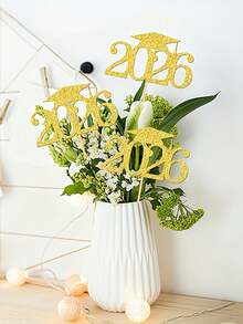 10pcs Graduation Cake Decorations, Fruit Picks, Wine Tags, Featuring Black & Gold Wavy Vase Accents, Includes Graduation Florals, Suitable For 2026 Graduation Ceremony. This Elegant Design Combines Graduation And Numeric Elements. - Multicolor - View 2
