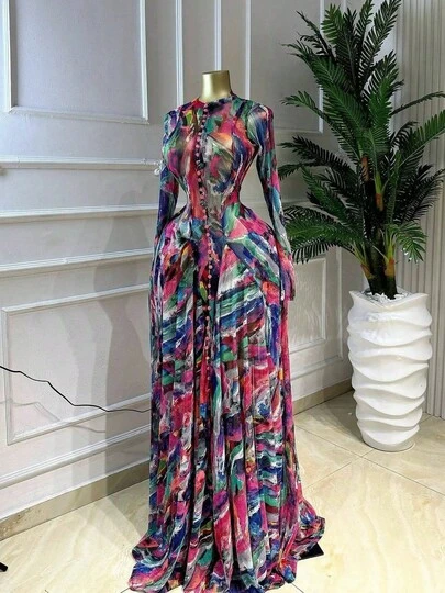 Women's Multicolor Abstract Print Long Sleeve Maxi Dress Sexy Clothing Colorful Printing New Printed Long Dress Round Neck Waist Cinched Dress For Spring And Fall High Neck Button Front Mesh Sheer Flowy A-Line Formal Gown For Wedding Guest Party Vacation Outfits
