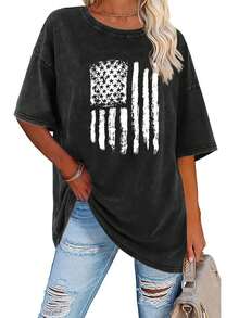 1PC Summer Women's Fashion Washed Retro High-Quality 230G Thick T-Shirt, American Flag Pattern, Street Retro Style Round Neck Short-Sleeved T-Shirt Summer Tops Summer Clothes Shirts Summer Graphic Tees Women T Shirts Tropicoqueta Outfits Tropical Outfits For Women Going Out Tops Women Tropical Outfits For Women Going Out Tops T Shirts Women Summer Top Graphic Tees Women 4th Of July Outfit Women Fathers Day Gift Summer Tops Y2k 4th Of July Oversized T Shirt Streetwear Women - 黑色 - 查看 7
