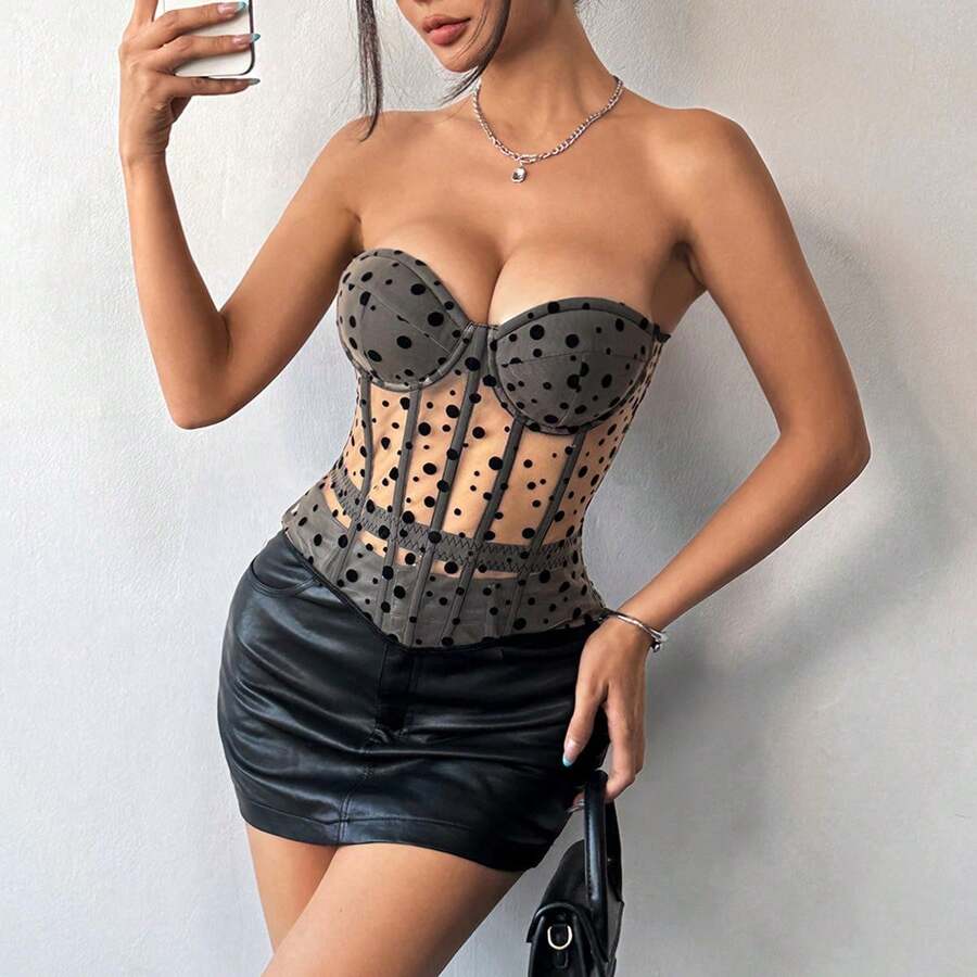 Retro Polka Dot Corset Top Featuring Structured Boning & Clean Silhouette, Versatile Pink & Black Shapewear For Effortless Styling . - 卡其色 - 查看 1