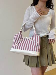 Túi xách nữ kiểu dáng mới, họa tiết sọc, túi đeo vai dung tích lớn, nhẹ, kiểu dáng thường ngày. - Màu tím - Xem 3