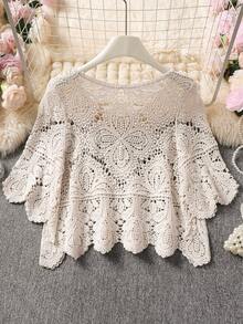 Vacation Style Casual Crochet Sheer Round Neck Short Sleeve Pullover, Bohemian Beach Resort Knit Sweater, Spring/Summer - Apricot - View 2