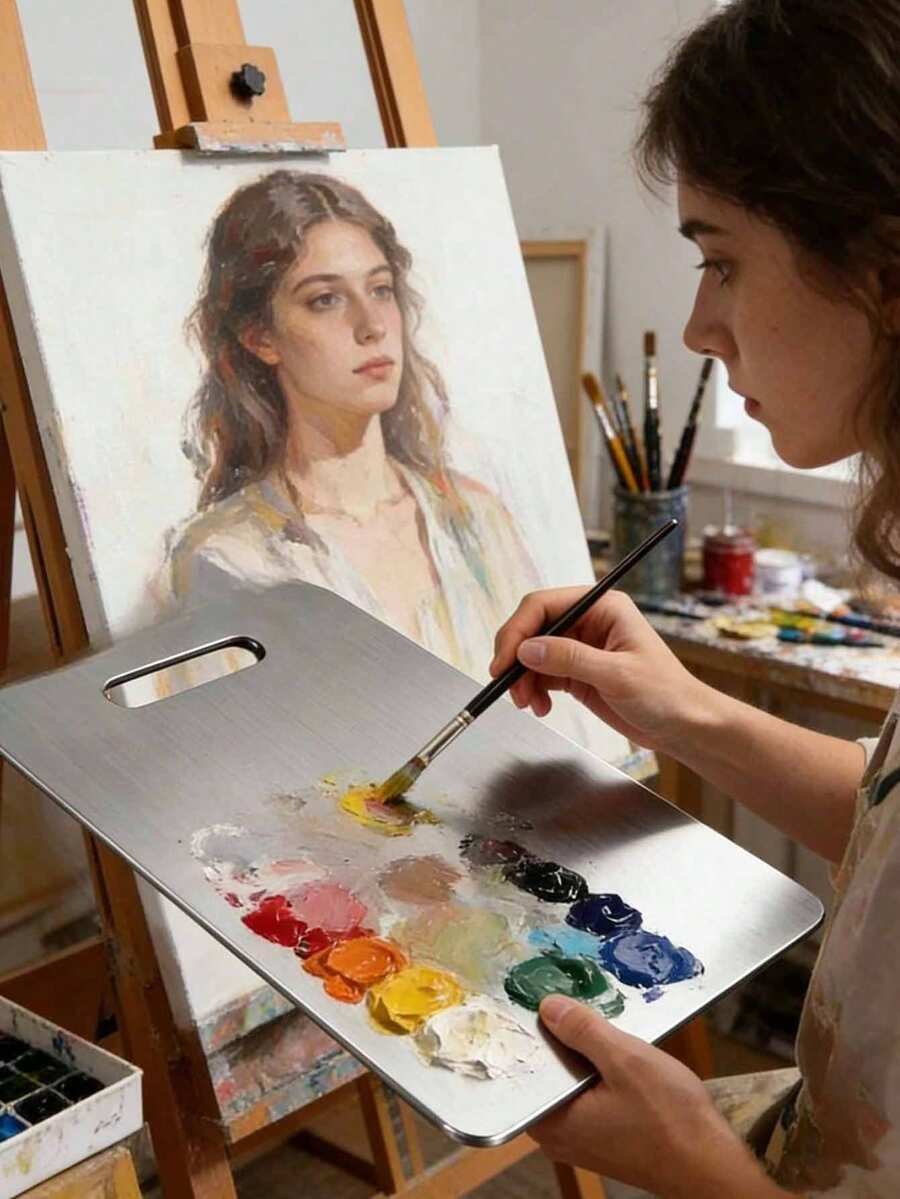 1 pieza Paleta extra grande de acero inoxidable, suministro de arte portátil, bandeja de pintura fácil de limpiar y duradera, adecuada para artistas, estudiantes y principiantes, ideal para uso en el hogar, la escuela y el estudio de arte