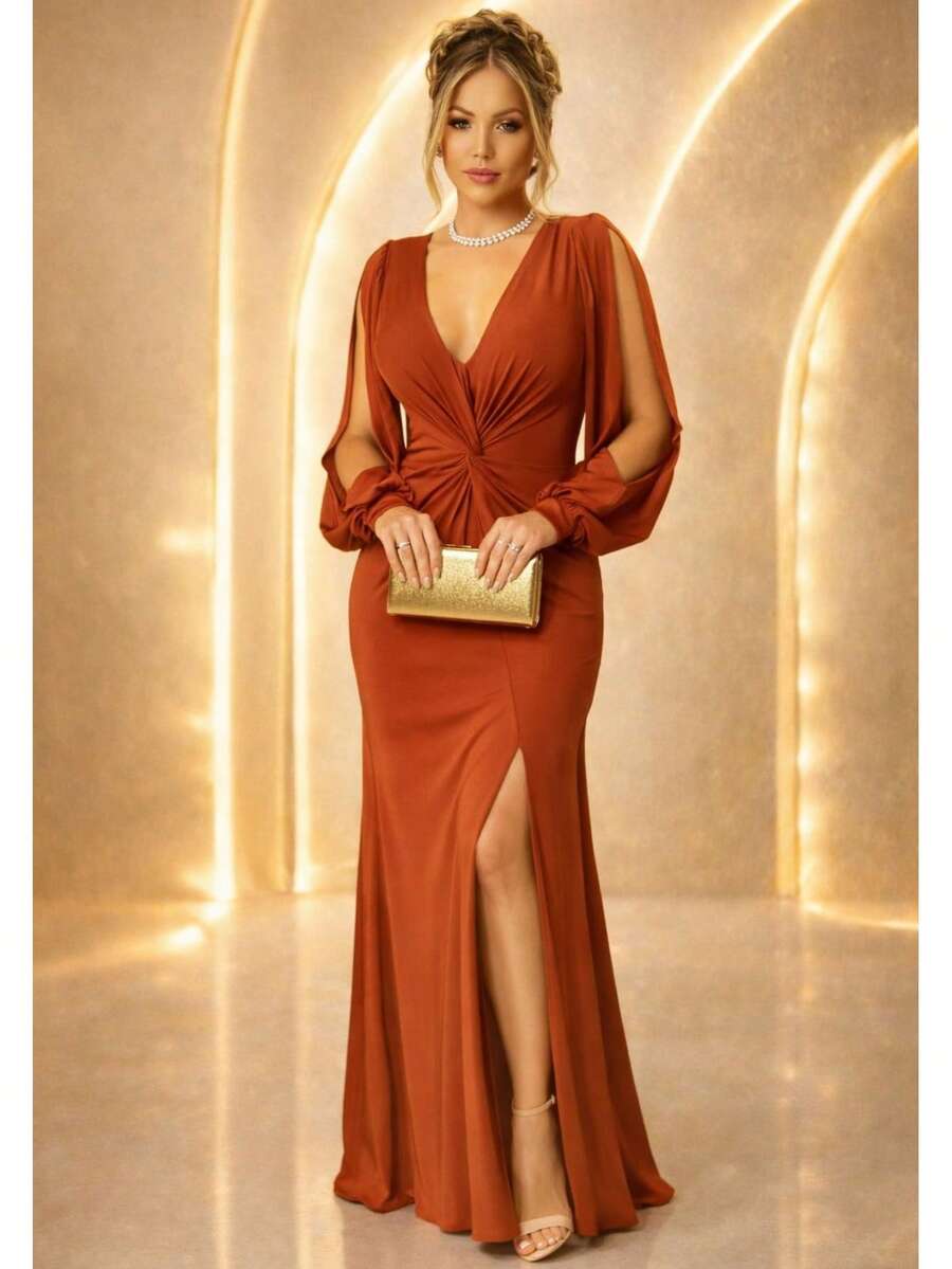 Bridesmaid Dress For Party Guests Reception Graduation Without Shine, Long Sleeves, Openwork In Fluity With Slit - đất nung - Xem 1