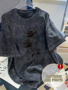 女士印花休闲短袖圆领T恤，夏季上衣，适合日常外出，女士礼物，黑色 - 黑色 - 查看 2