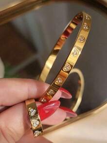 1/2pcs Stainless Steel 18K Gold Plated Heart Shaped Bracelet & Ring Set, Rhinestone Inlaid, Luxury Jewelry Wedding Accessories - Gold - View 4