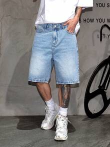 牛仔短裤，棉质破洞牛仔短裤，直筒休闲短裤，透气百搭夏季通勤短裤 - 藍色 - 查看 5