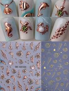 2片装5D立体海洋美甲贴纸 - 金色海马、海豚、贝壳和海星图案，夏季热带风情自粘美甲贴，适合女性假日海滩装饰 - 彩色 - 查看 1