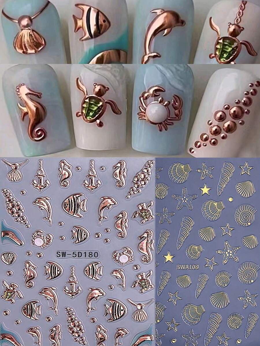 2片装5D立体海洋美甲贴纸 - 金色海马、海豚、贝壳和海星图案,夏季热带风情自粘美甲贴,适合女性假日海滩装饰 - 彩色 - 查看 1