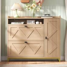 Shoe Cabinet With Hinged Lid, Double Hinged Lid Plus Side Cabinet, Top Open Compartment, Geometric Embossed Cabinet Door, Metal Frame, Xuanguan Locker, Large Capacity Shoe Rack - View 2