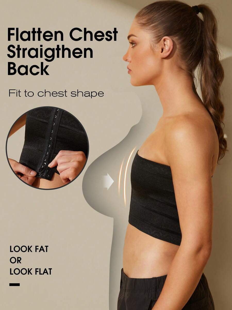 1 pieza Faja reductora de pecho para mujer, sujetador camiseta de micromodelado, top de compresión sin costuras ajustable para aplanar el pecho - Negro - Ver 1