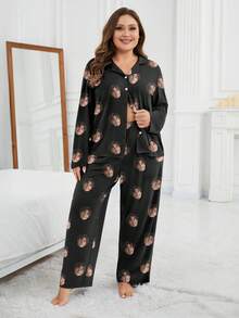 Printstory Customized Plus Size Women's Long Sleeve Pajama Set, Personalized With Any Pattern, Suitable As A Unique Gift For Family And Friends - Black - View 4