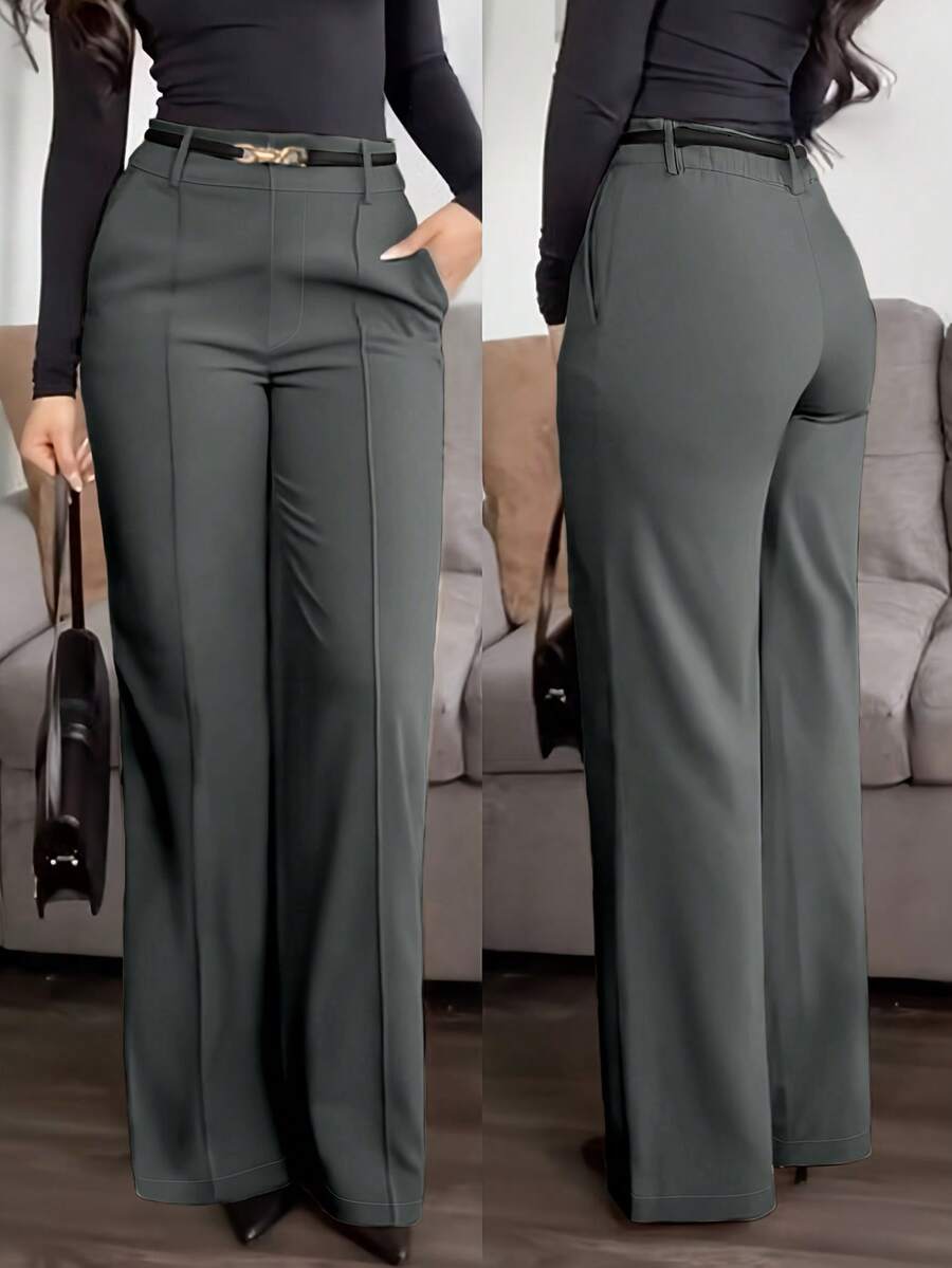 (No Belt) Plus Size Solid Color Pocket Office Daily Commute Elegant Dress Pants Spring - Dark Grey - View 1