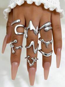 Set de 8 anillos de metal liso asimétrico vintage, anillos geométricos para mujer, aptos para uso diario - Plateado - Ver 1