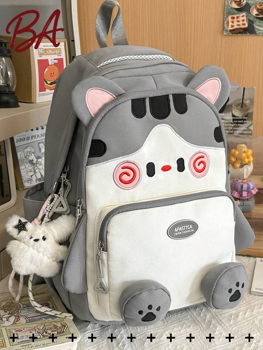 多隔层卡通猫咪学院风尼龙双肩包女款；可容纳15.6英寸笔记本电脑的笔记本电脑背包；多口袋轻便书包；大容量旅行包；多功能书包；方便通勤的日常背包，适合学生、初中生、高中生、护士、教师、商务人士、旅行度假、商务出行、日常通勤、购物、办公、约会、徒步、训练、工作、生日礼物、节日礼物。