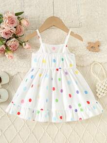 Baby GirlSweet Dreamy Colorful Polka Dot Unicorn Strap Waist Ruffle Hem Dress, Suitable For 0-3 Years Old, Summer Casual Dress For Daily Outing - White - View 2