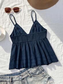 Teenager Mädchen Marineblau Spitze Crop Cami Top Stretch Lagen Camisole Top für Sommer Lässig Y2K Ästhetik Alltagskleidung (YY1300) - marineblau - Übersicht 2