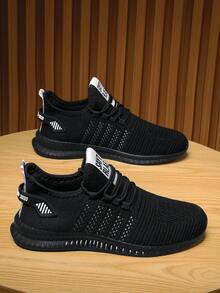 A Pair Of Men's Fashionable Breathable Knit Casual Sports Running Shoes, Suitable For Outdoor And Gym Use, All-Season And Unisex - Black and White - View 5