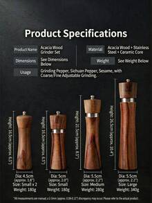 Premium Acacia Wood Salt And Pepper Grinder Set - Manual Spice Mill With Adjustable Coarseness Ceramic Core - Professional Wood Pepper Mill For Sea Salt, Peppercorn & Spices - Refillable Kitchen Tools - 咖啡棕 - 查看 3