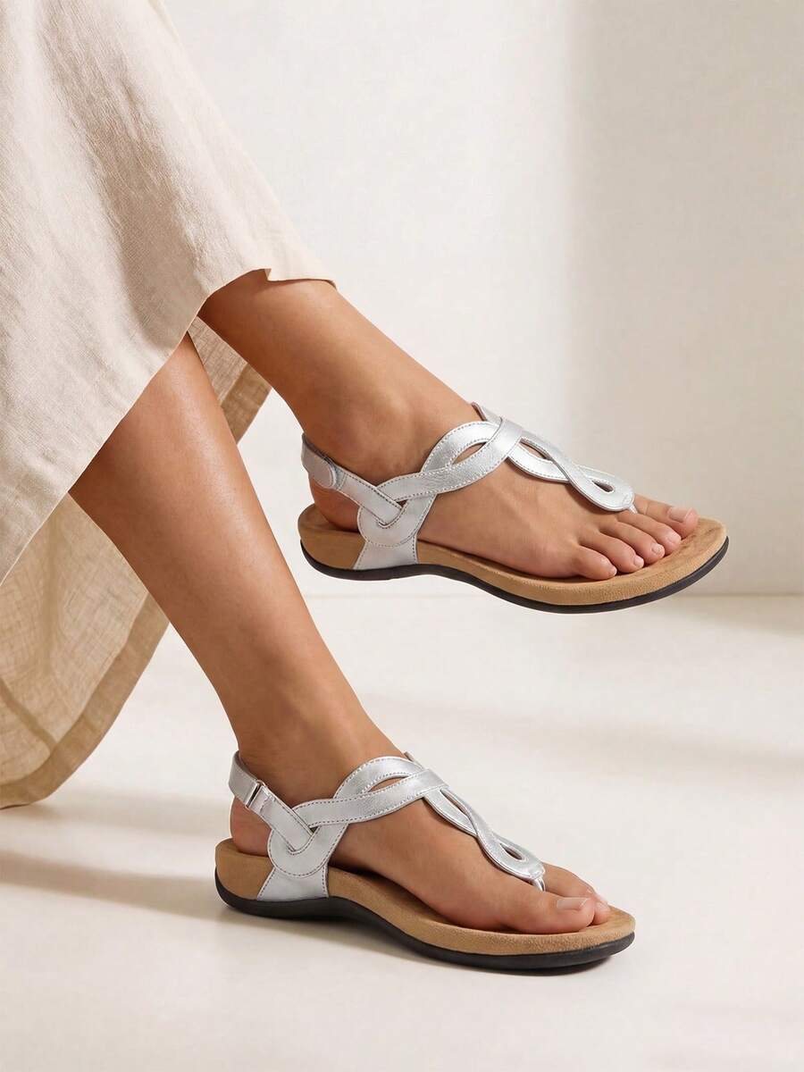 Athlefit Women's Orthopedic Arch Support Sandals Comfortable Thong T-Strap Orthotic Casual Flat Sandals - 銀色 - 查看 1
