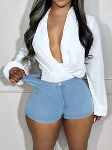 2025 Cross-Border Hot Style Personalized American Street Simple Casual Washed Mid-Waist Hottie Casual Summer Ladies Denim Shorts - Giặt vừa - Xem 3