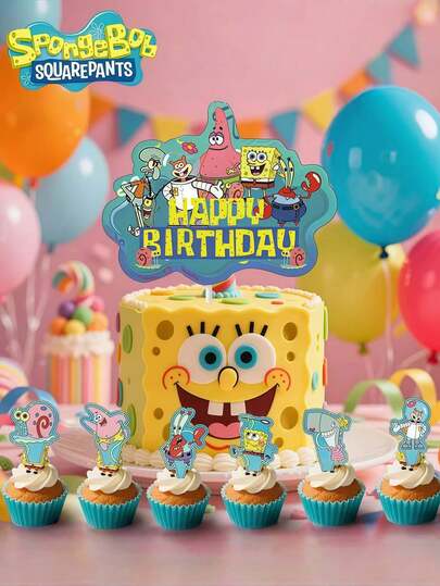 SpongeBob SquarePants 13件套海绵宝宝主题生日蛋糕装饰插牌，派大兴儿童生日派对纸杯蛋糕装饰插牌，颜色和款式随机（13件/套=1个大号+12个小号），海绵宝宝、章鱼哥、珊迪、蟹老板、小蜗角色主题派对蛋糕旗，牙签