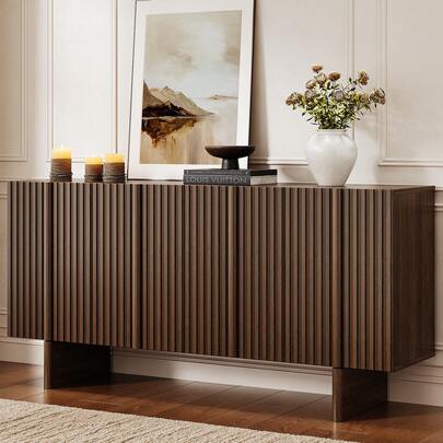 ONBRILL Walnut Brown 63" Fluted Sideboard Buffet Cabinet With Storage, Modern Credenza With 4 Doors, Large Sideboard Cabinet With Adjustable Shelves, Coffee Bar, Kitchen Cabinets For Living Room, Entryway