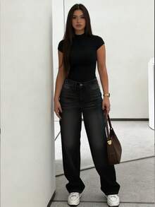 New Light Blue Washed Mid-Waist Straight Leg Jeans, Vintage Loose Casual Pants With Adjustable Metal Buckle Black Spring Fall - Black - View 4